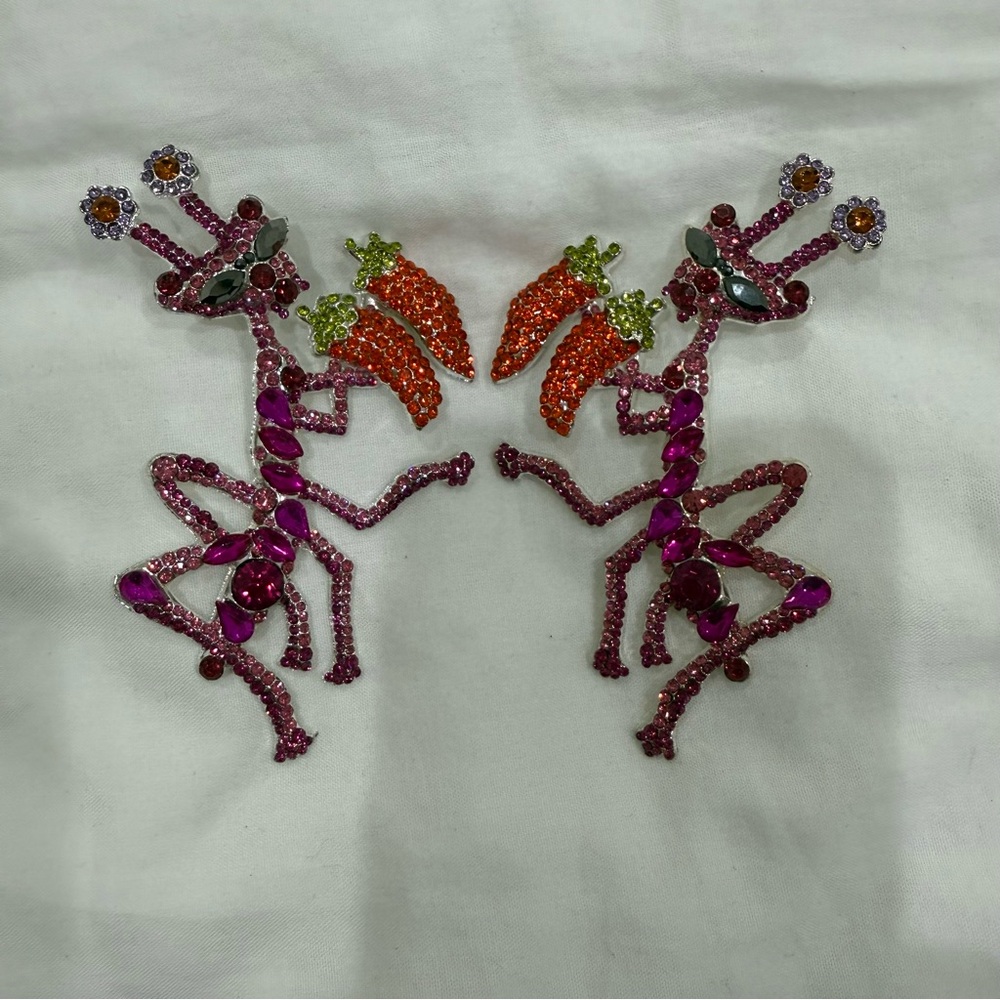 Crystal Praying Mantis Statement Earrings Pink Bi… - image 7